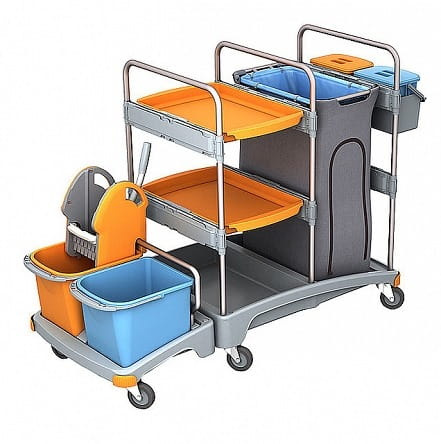 Wózek serwisowy do sprzątania  z tworzywa sztucznego wiadra 2x20l, 2xpółka, 2x6l wiadra z pokrywką, wyciskarka do mopa płaskiego, 2x koszyk, worek osłonowy na odpady 120lSplast TSZ-0007