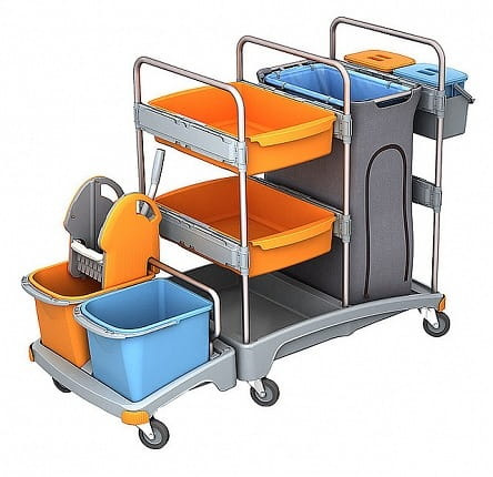 Wózek serwisowy do sprzątania z tworzywa sztucznego wiadra 2x20l, 2xkuweta, 2x6l wiadra z pokrywką, wyciskarka do mopa płaskiego, 2x koszyk, worek osłonowy na odpady 120l Splast TSZ-0004